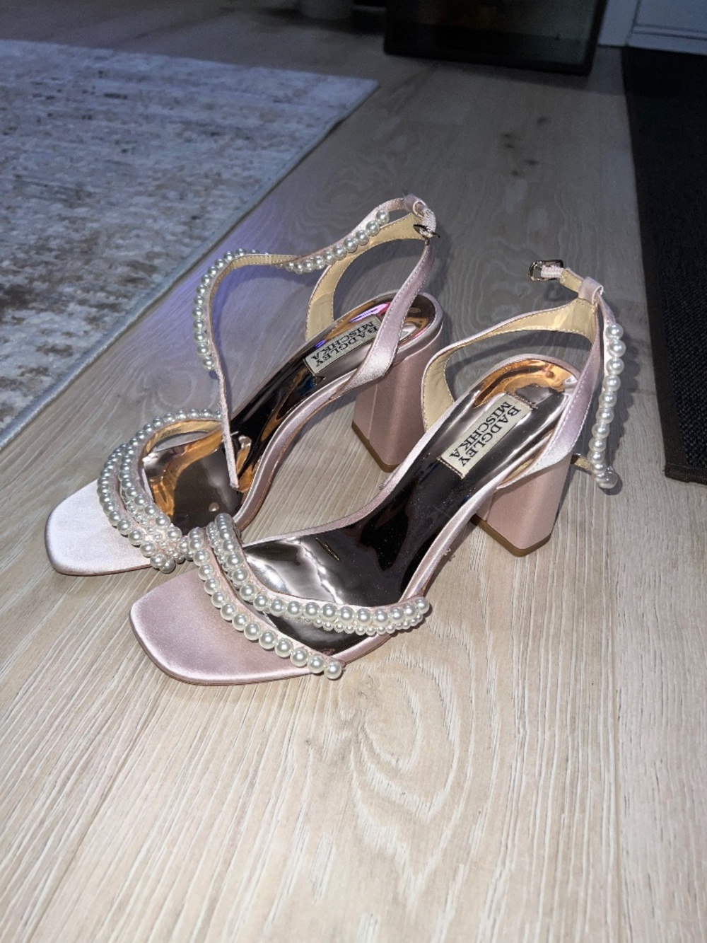 Badgley Mischka Feisty Pearl Block Heel - Blush pink 8
